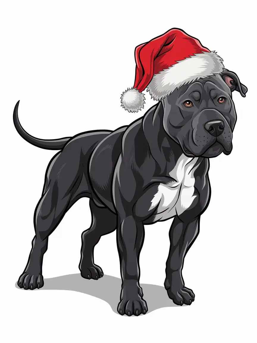 A cartoon-style solid panther black Pit Bull with a tail. The dog should have a muscular and athletic build, with a friendly and confident expression that highlights its loyal and loving nature. Include fine details in the terrier's facial features and stance, emphasizing its alert and intelligent demeanor. The overall tone should be uplifting, showcasing the breed's gentle yet powerful presence, wearing a red Santa hat. The dog has large, expressive eyes, a joyful expression, and a happy, friendly demeanor, white background