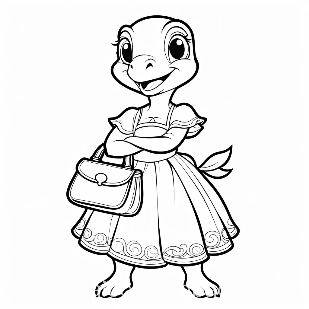 Cartoon-Teenage-Turtle-Character-Coloring-Page-with-Purse-and-Dress