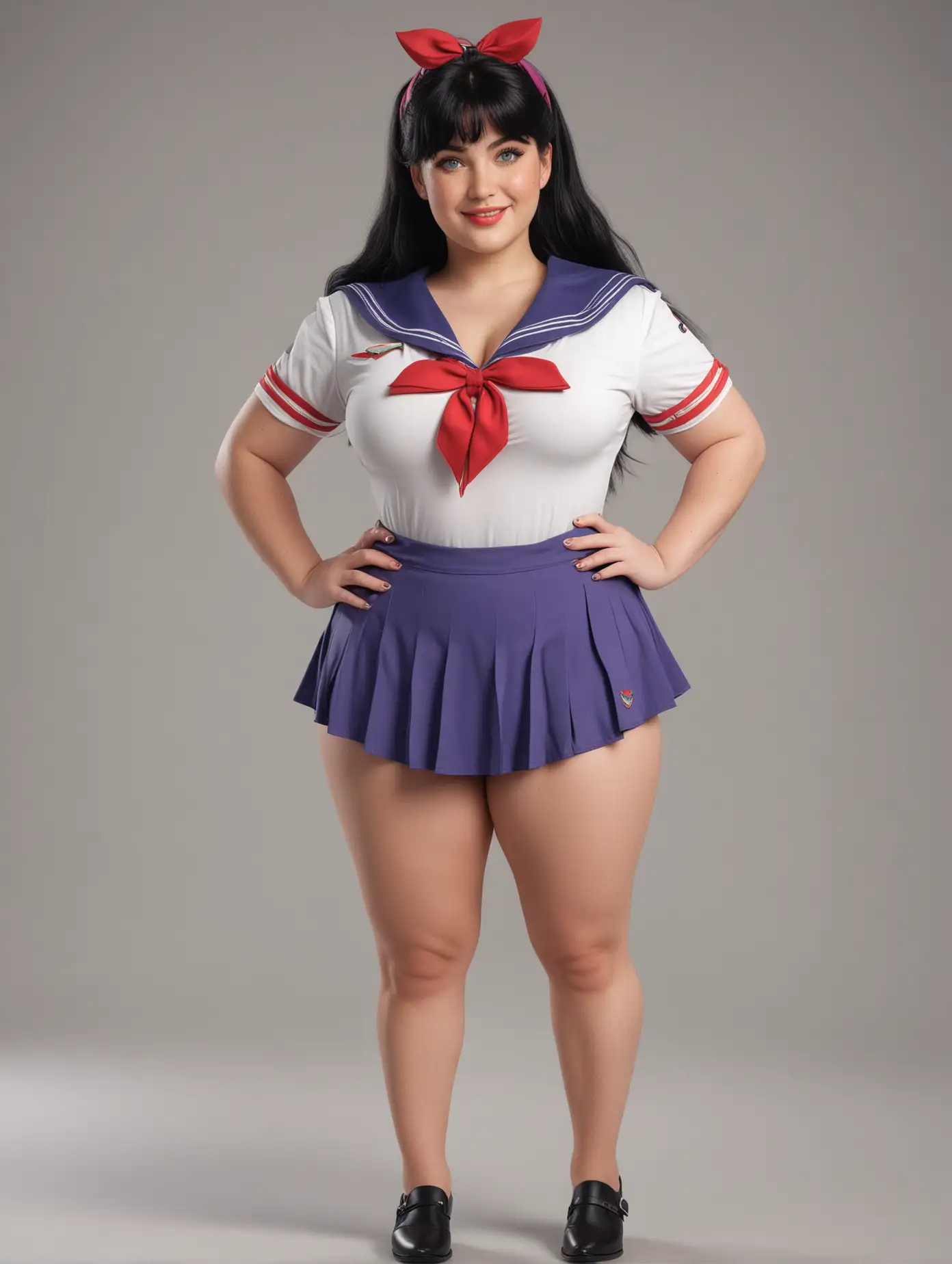 thicc plus size young girl with huge thighs dressed as Sailor Mars, thighs are fat and wide, blue eyes, black hair, freckles, detailed and clear texture of the skin on the body, natural and realistic detailing of skin texture, full-length view, feet are placed to the side, back view, smiling and looking at viewer, high quality