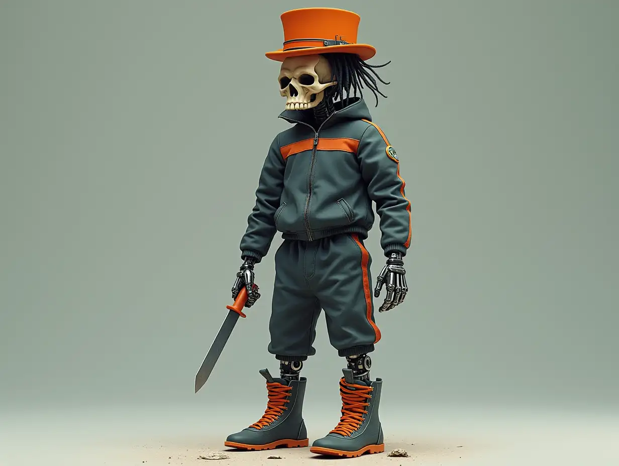 Create a high-resolution, realistic image of a robot with a skeletal body, orange laced boots and a head with a fashionable tracksuit, and a knife in its hand with a top hat and hair in 4K resolution 