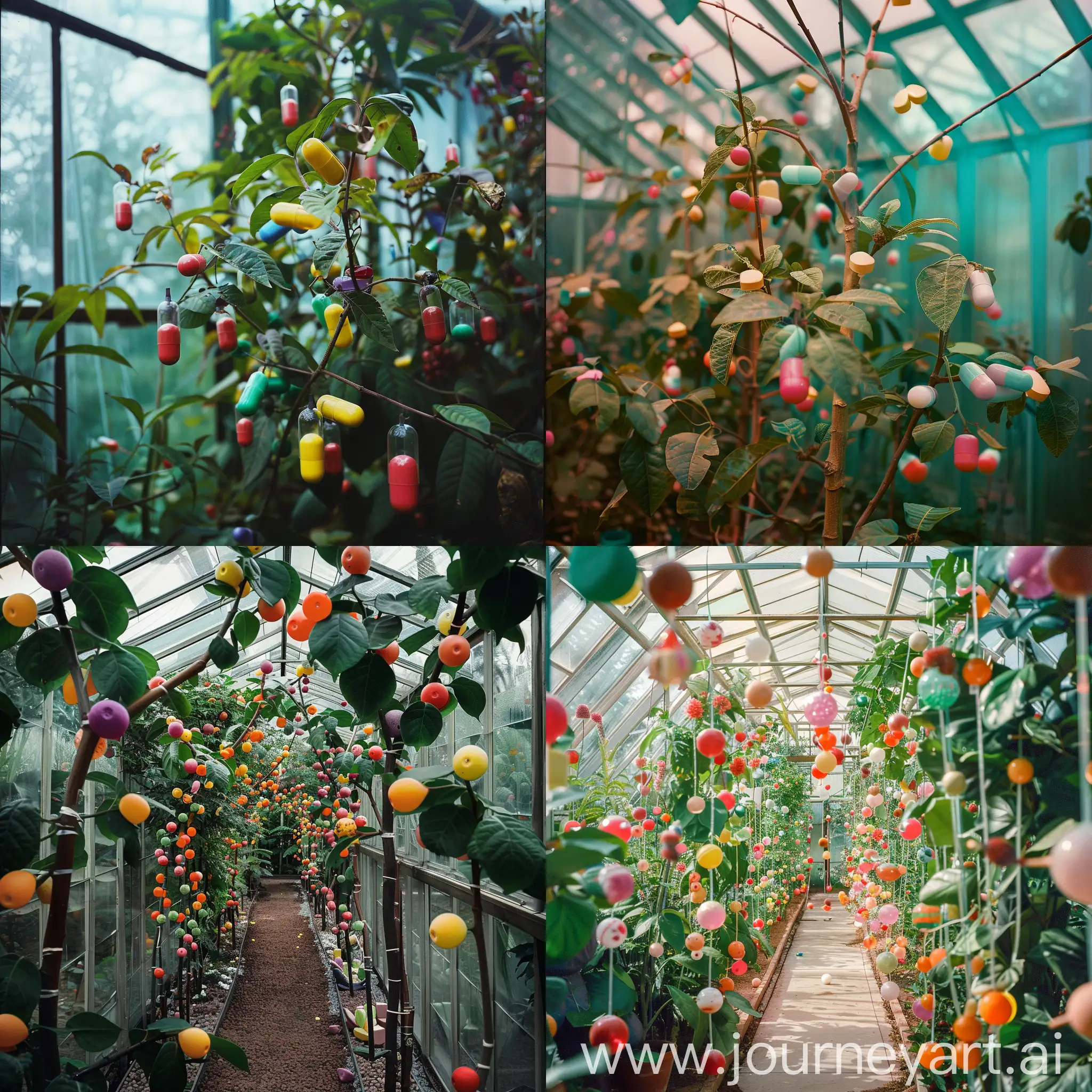 Colorful-Pills-Growing-on-Plants-in-a-Greenhouse