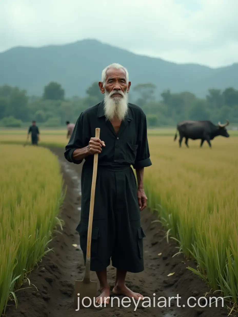 Old-Sundanese-Farmer-in-Rice-Field-with-Hoe-and-Rural-Village-Background