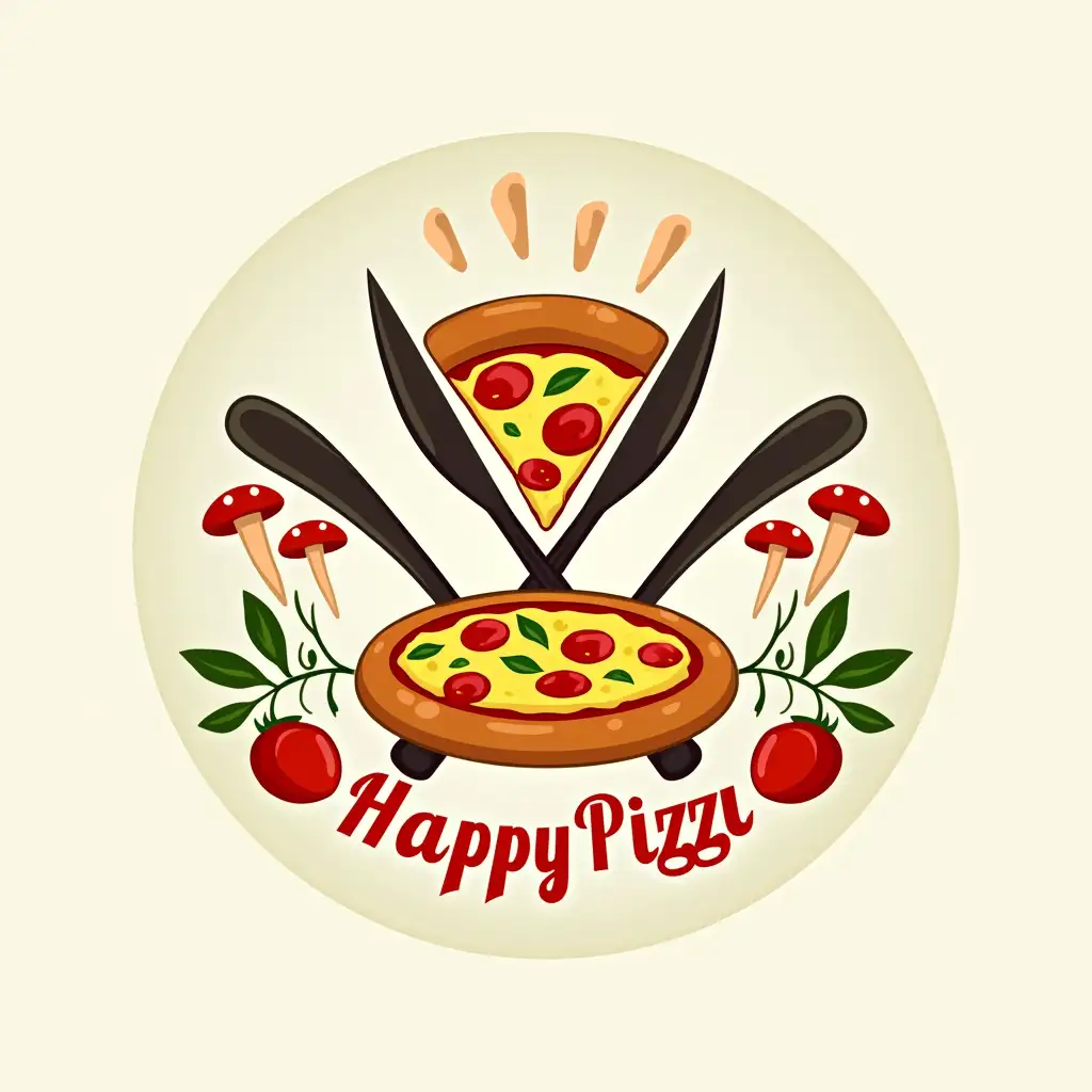 I need a logo for a pizzeria called ‘Happy Pizza’ The logo should include a fork, a knife, a slice pizza and some green leaf little red tomatoes and mushrooms It should be clean,