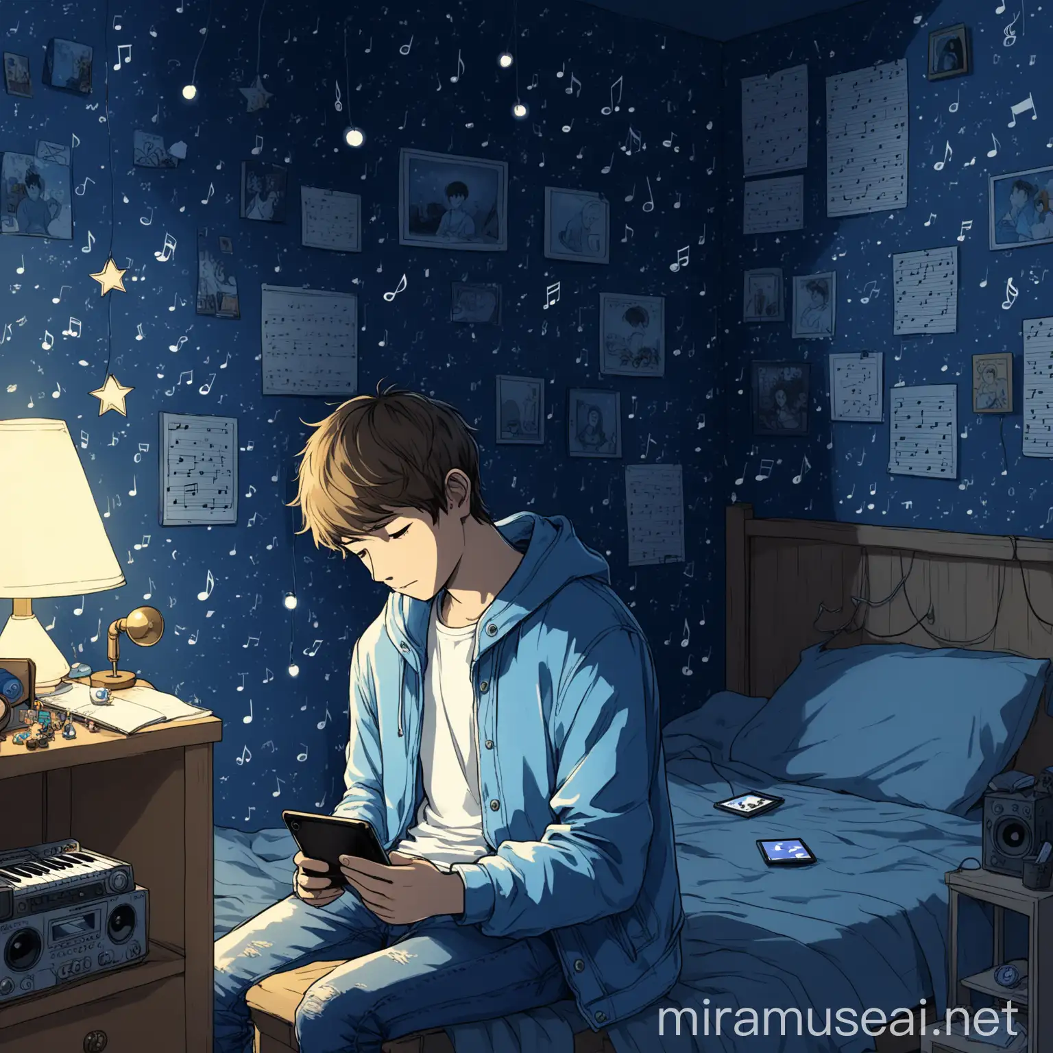 Lonely Teenage Boy in MagicalThemed Room Somberly Scrolling on Phone