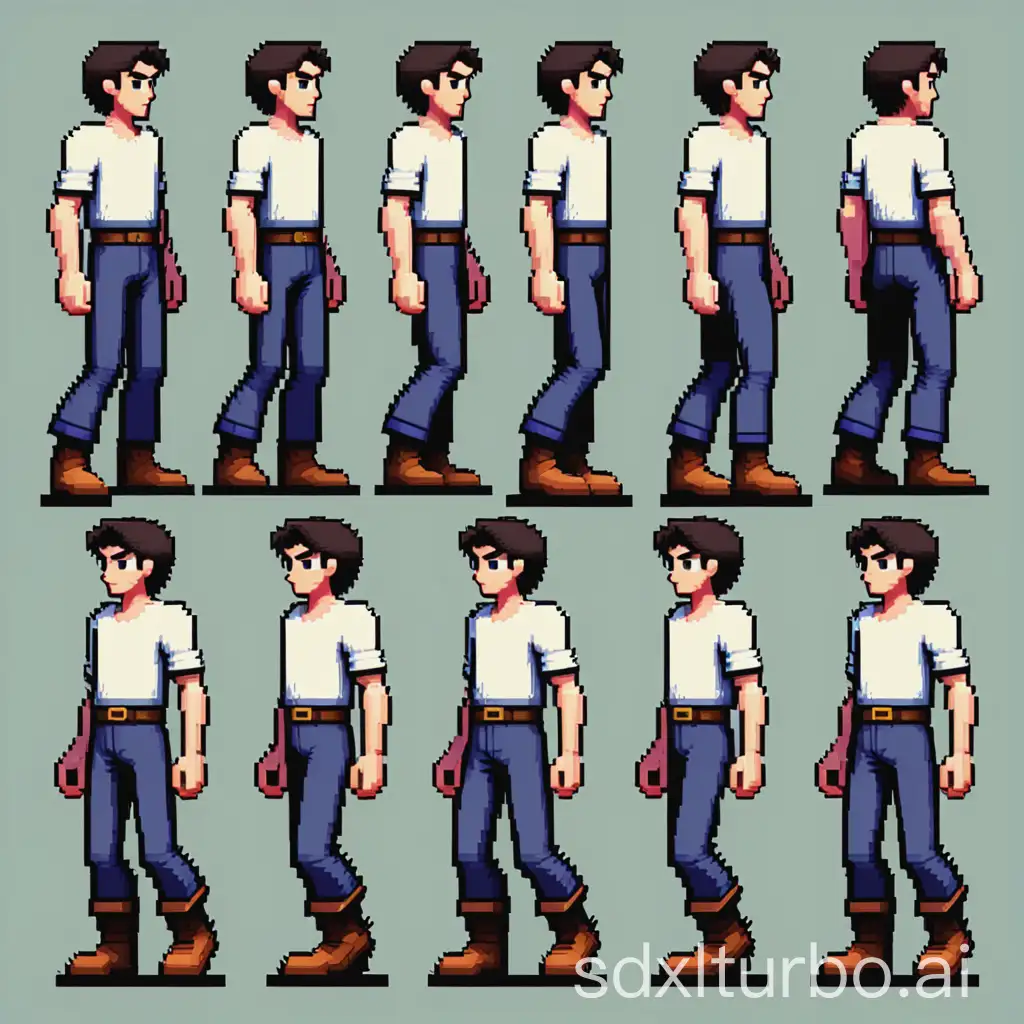 A 2D pixel art sprite sheet of a male character walking, designed in a retro 16-bit RPG or platformer style. The character has short, messy dark hair, wears a simple tunic, pants, and boots, and moves with fluid, natural motion.  Leg movement: Alternating strides, with knees bending and feet making clear contact with the ground. Arm swing: Opposite arm movement to balance the motion.