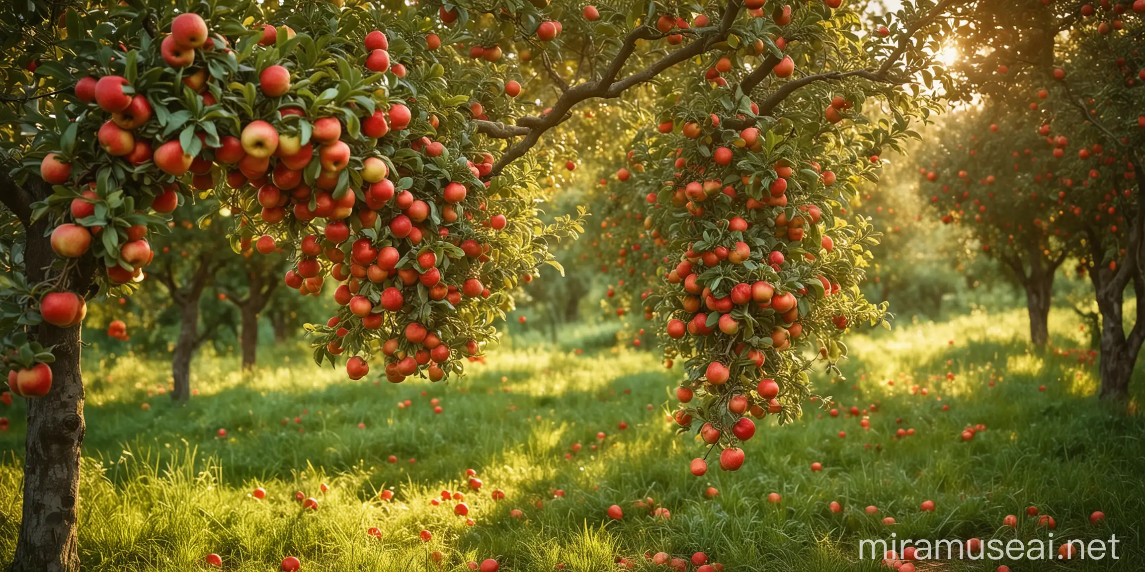 Golden Sunset over Lush Green Orchard with Ripe Red Apples