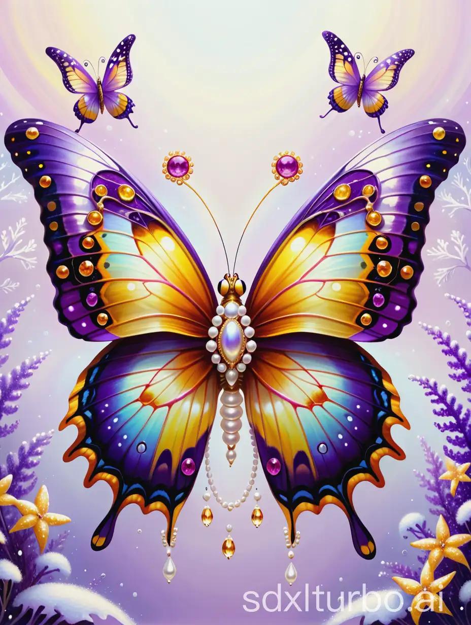 A very pretty mythologic butterfly creature made of oil art,very detailed,purple yellow upper wings with gems,winter,christmas ,pretty corals,pearls,swirls and striped,fantasy art,beauty,hd,