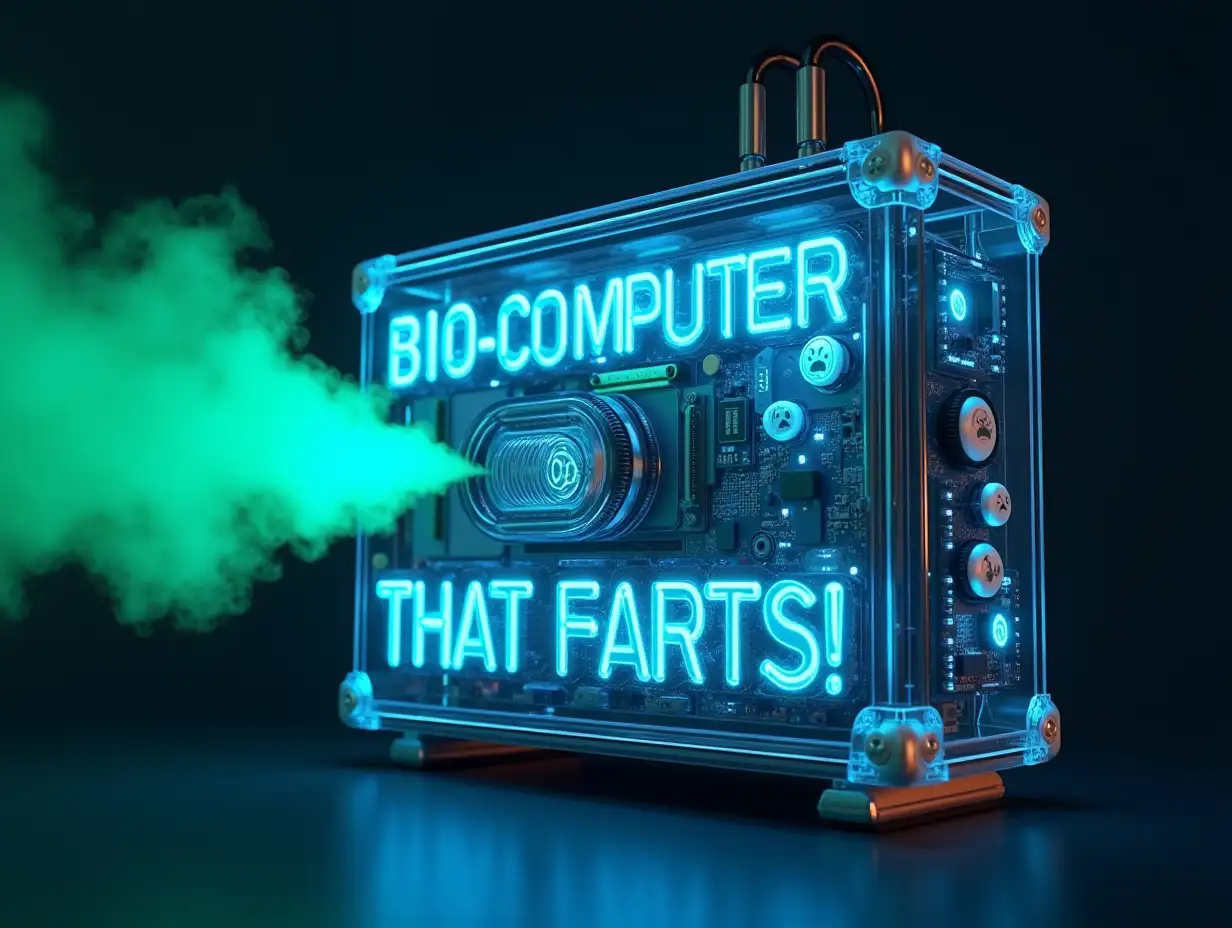 Create a captivating YouTube thumbnail featuring a futuristic hybrid computer-biological system with visible human cells in a transparent casing, glowing with bioluminescent blue light. Include a comical cloud of green gas emerging from one side. The design should have bold, eye-catching text reading 'FIRST BIO-COMPUTER THAT FARTS!' in a modern tech font, with bright neon colors. Add dramatic lighting effects, scientific details like microscopic cell structures, and small circuit patterns. Style should be a mix of 3D rendering and digital art, maintaining a professional yet humorous tone. Include shocked emoji faces or reaction expressions in the corner for added viewer appeal.