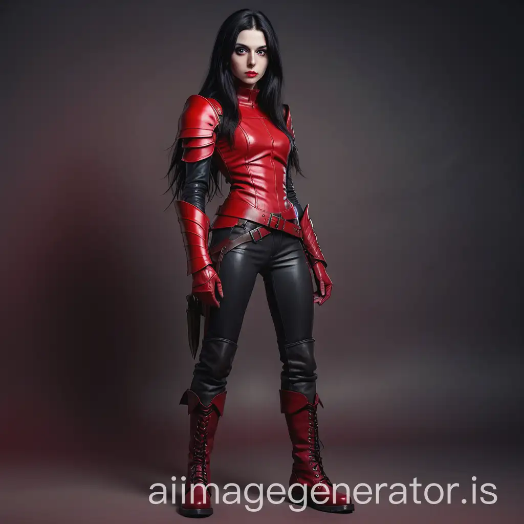 full body portrait of petit, small, skinny caucasian woman Female assassin with long black hair, delicate facial features, big eyes, rosy cheeks, full lips. She is wearing a red leather armor, with matching red leather combat boots, and soft black skin tight pants