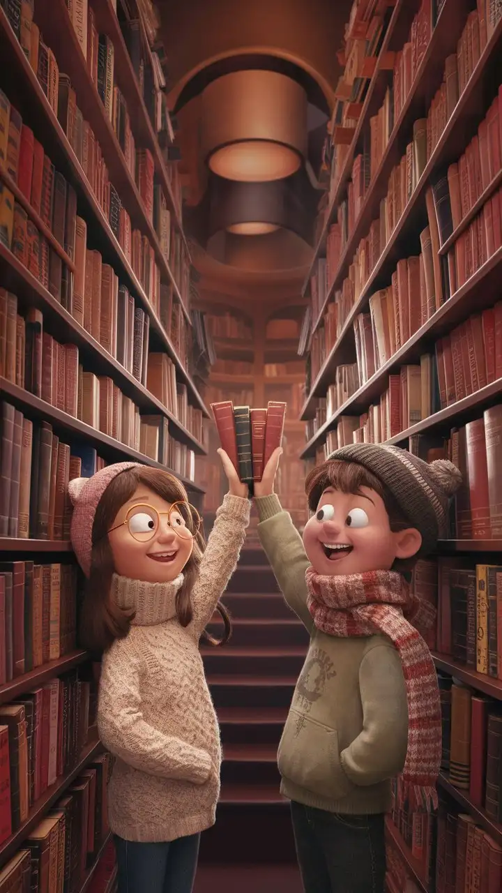 Couple-in-Cozy-Bookstore-Reaching-for-the-Same-Book-in-Heartwarming-Cartoon-Style