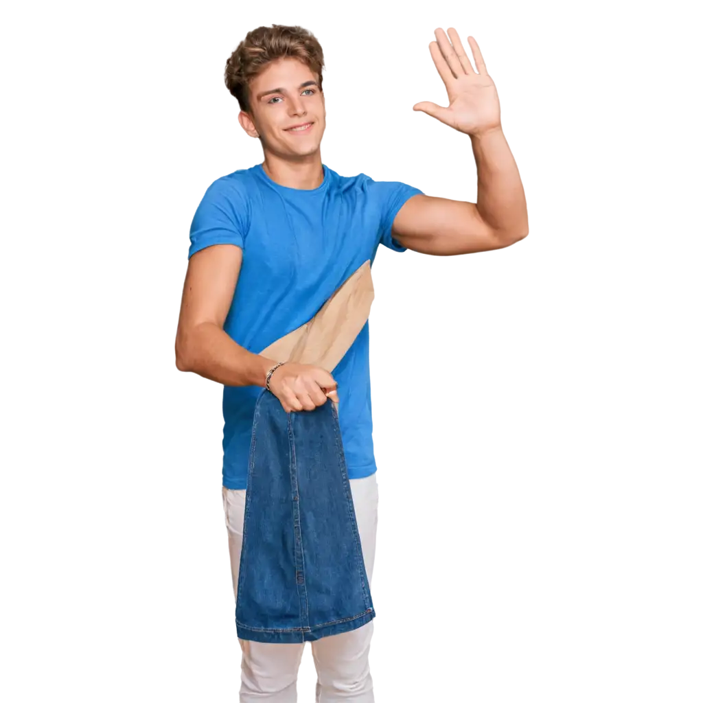 Young-Man-in-Blue-Shirt-Raising-Hand-PNG-HighQuality-Image-for-Versatile-Use