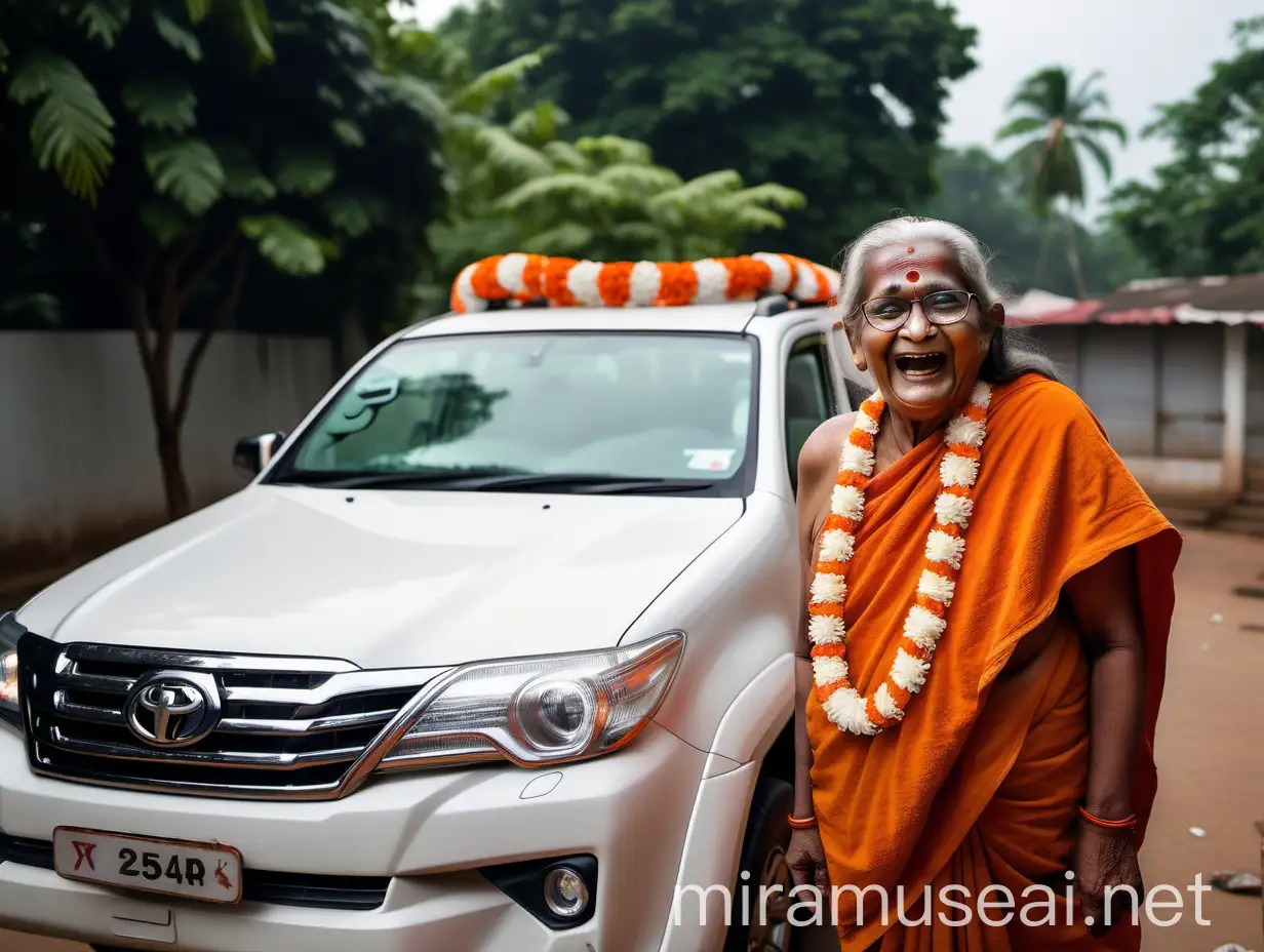 Elderly Hindu Monk Woman Laughing with Flower Garlands at Indian Ashram