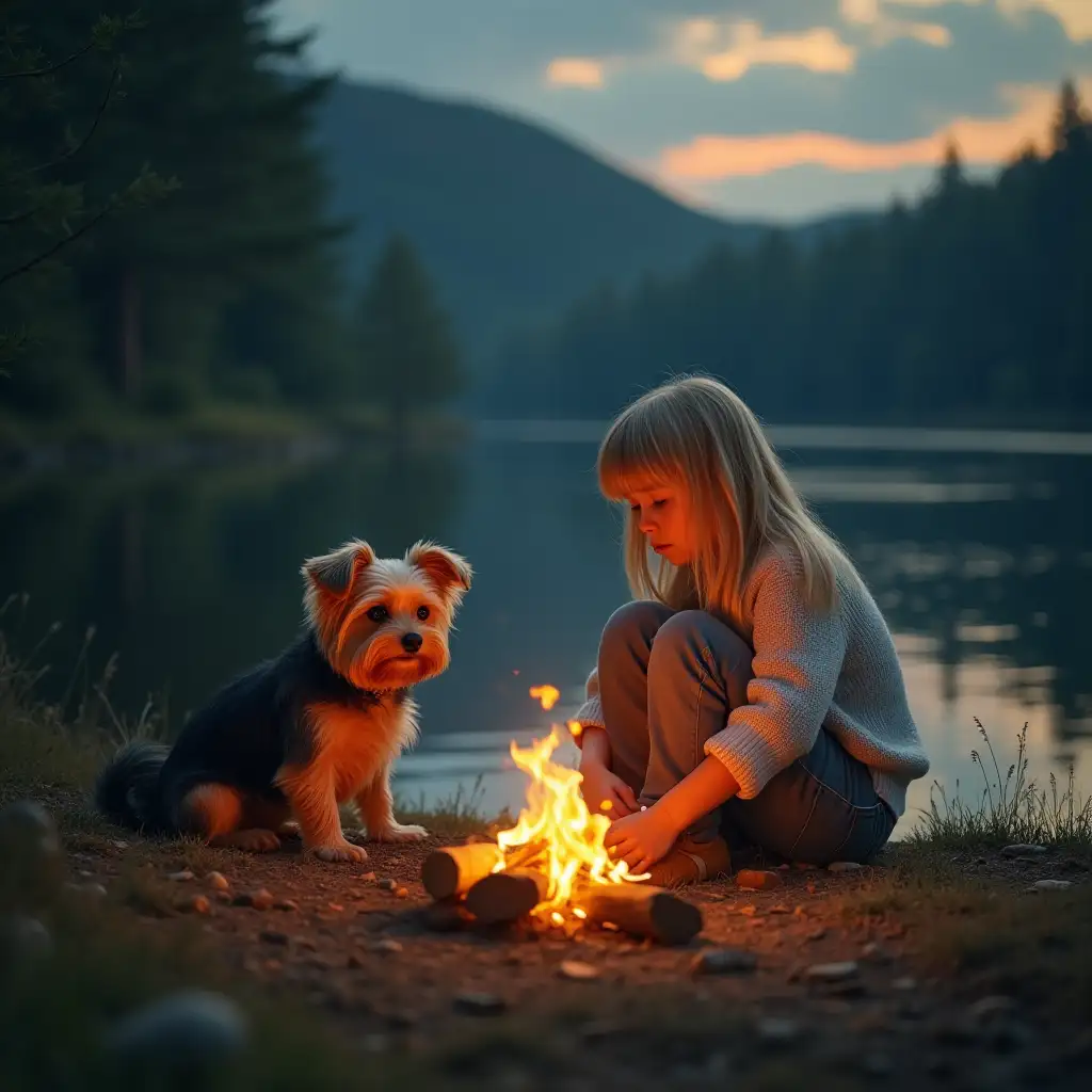 a blonde girl, sits on the river bank, next to a mini yorkie dog, the girl is sad, there is a bonfire