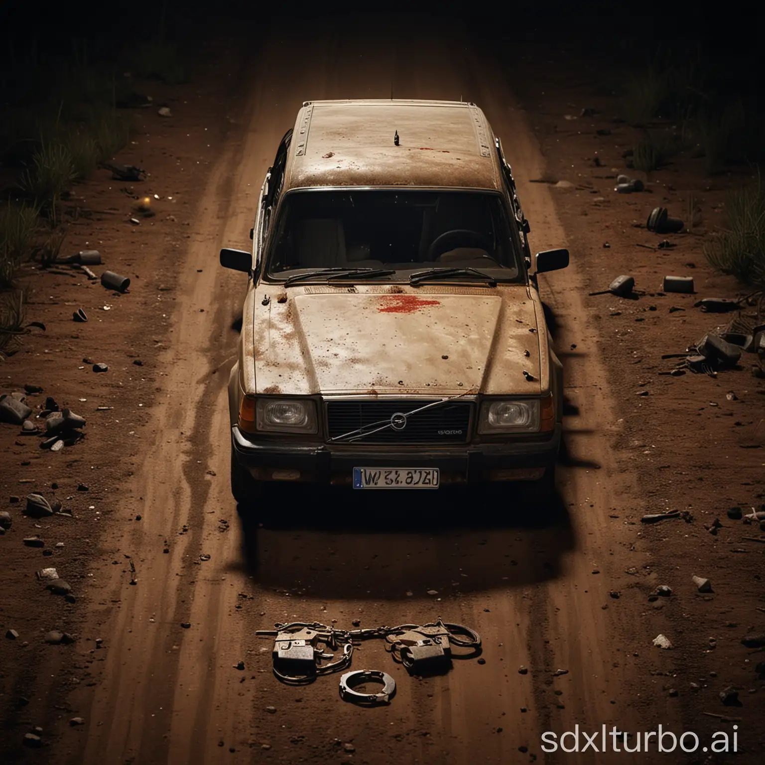 Nighttime-Scene-with-Volvo-242-Guns-Handcuffs-and-Blood-on-Dirt-Road