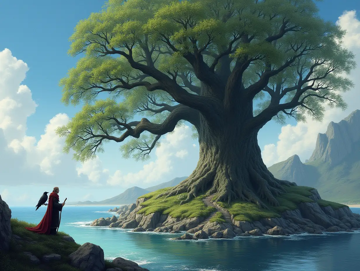 White clouds basked above the dark island cove, Grew Yggdrasill tree tall and deep full of love, Sat a man old and bent, With his cloak for a tent, On his staff sat a raven looking not like a dove.