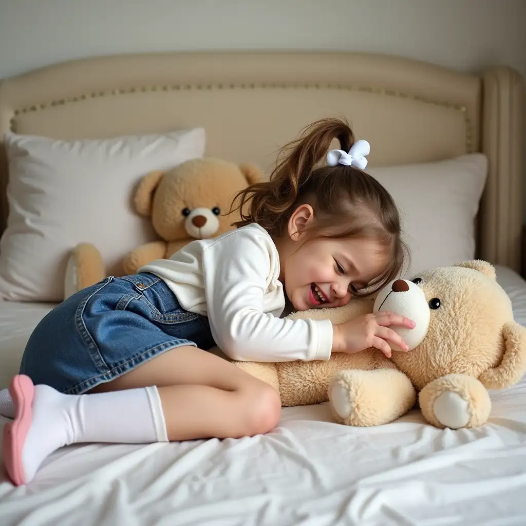 Laughing-Girl-Playing-with-Giant-Teddy-Bears-on-a-Cozy-Bed