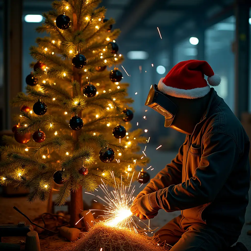 New Year's tree with yellow and black decorations and a welder wearing a Christmas hat