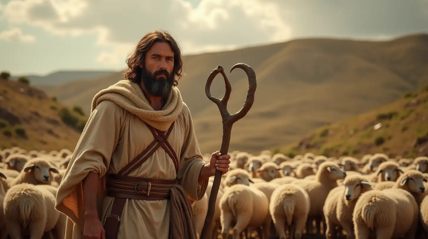 Biblical Shepherd Gathering His Flock in a Pastoral Landscape