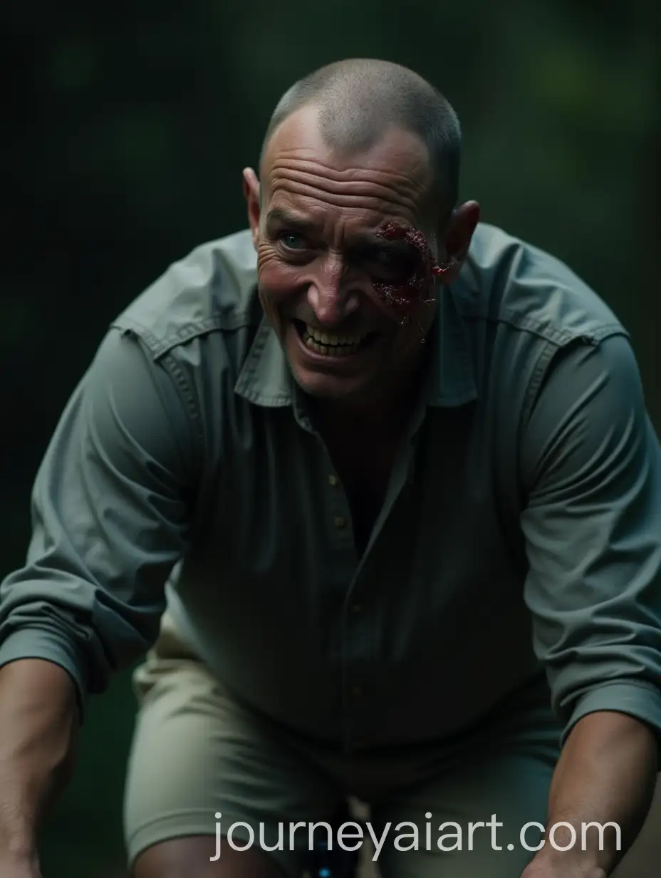 Man-Riding-Bicycle-with-Severe-Facial-Injury-and-Intense-Expression