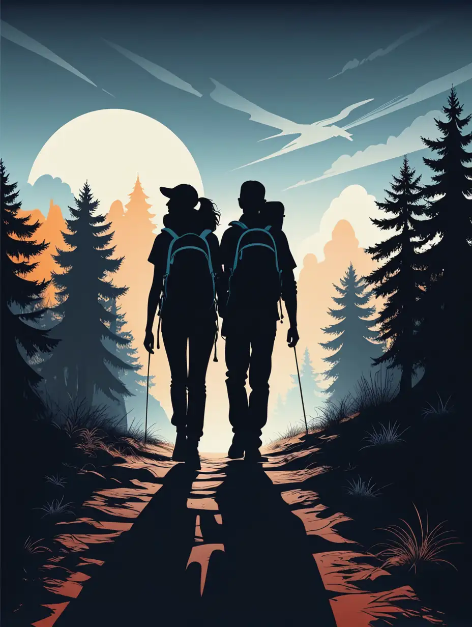 Silhouette of Man and Woman Backpacking Trip