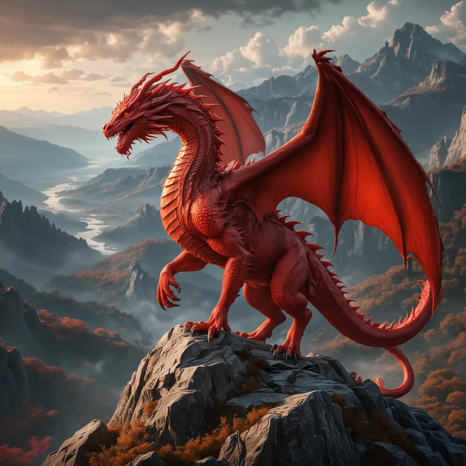 Majestic Red Dragon Perched atop Mountain Peak