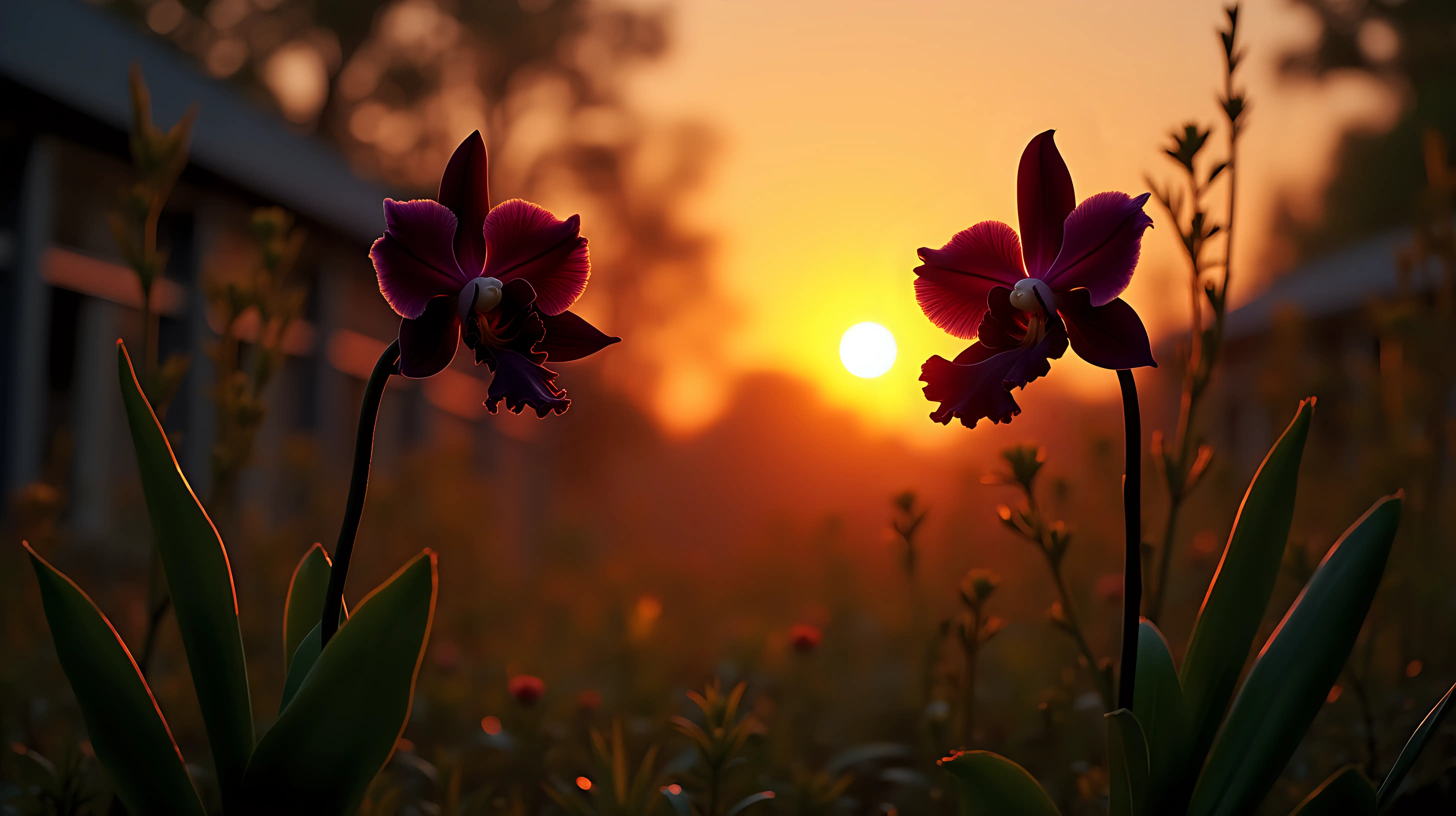 Stunning Black Orchids in a Neglected Garden at Sunset