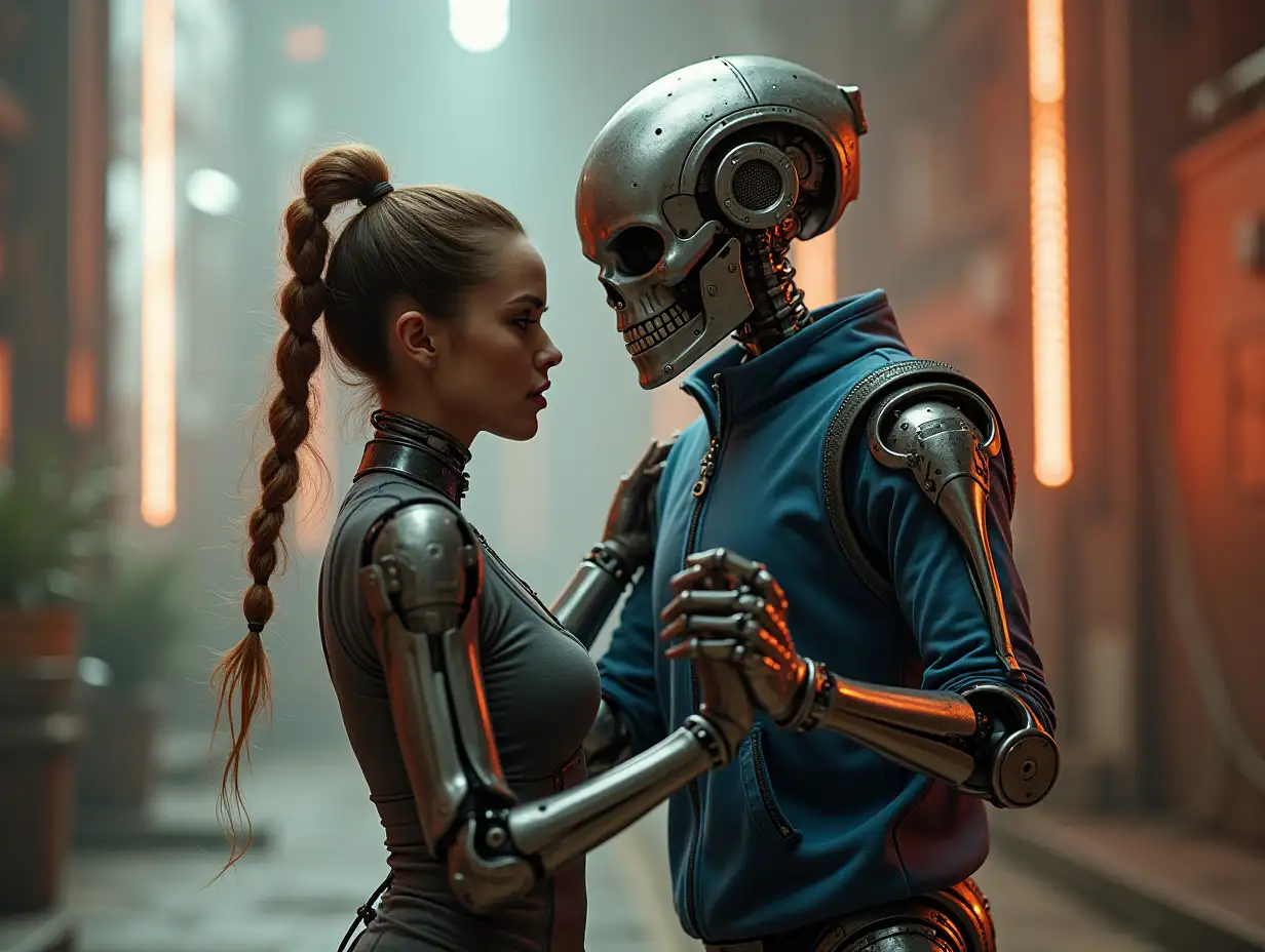 Create a high-resolution, realistic image of a robot dancing with a woman. It has a skeleton body, metal hands and the head of an alien, a fashionable tracksuit, steel hair and a Walkman in its hand. 4K resolution (Steampunk-8K quality)