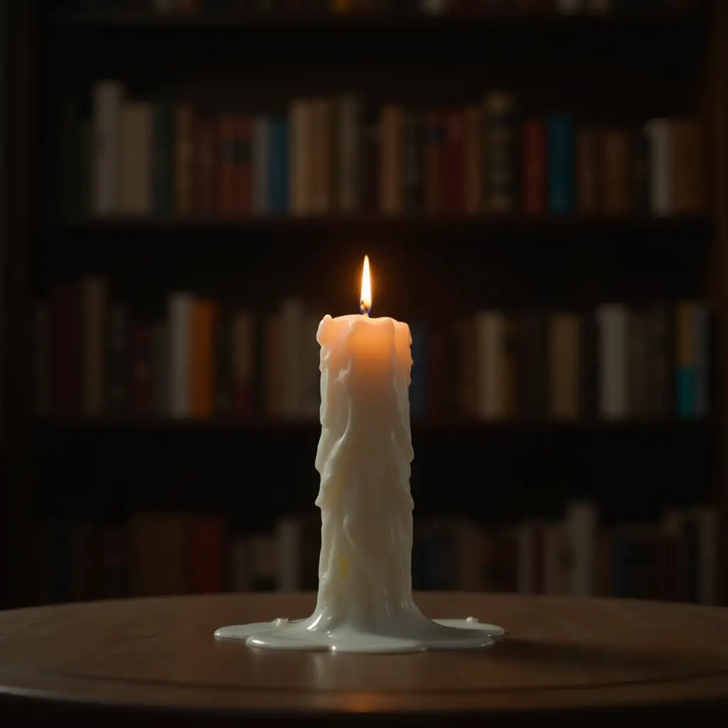 A lit candle, the candle is on the table, Half height of candle picture there is no candlestick, the candle is covered with wax tears, there is no one, super wide angle view, candle close-up, the candle man blends into the white candle, the background is dim, the background is a huge bookshelf, the bookshelf is neatly arranged, surrealism