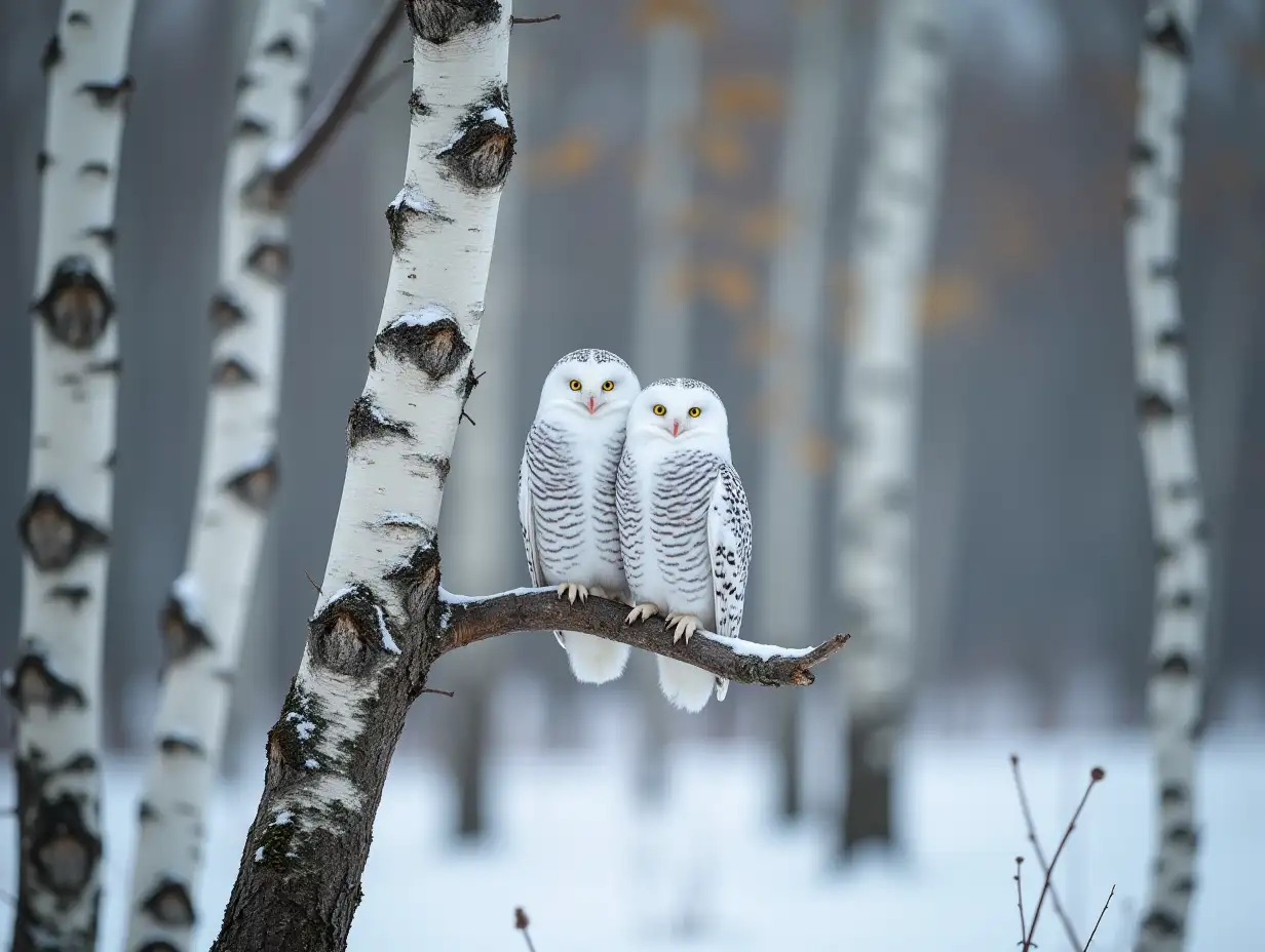 winter birch grove in close-up. on the left side in close-up, on the front plane there is a birch trunk, on which two white owls sit on a short branch