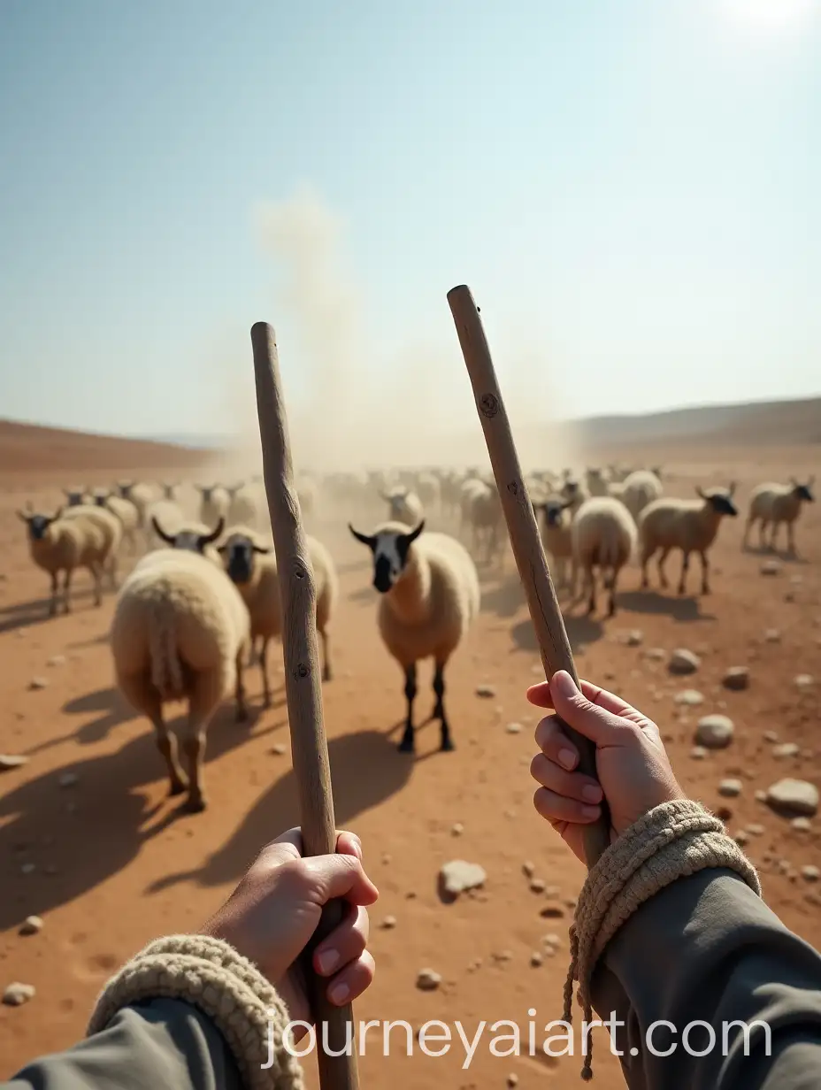 Herding-Sheep-Across-a-Rocky-Desert-Path-with-Wooden-Sticks