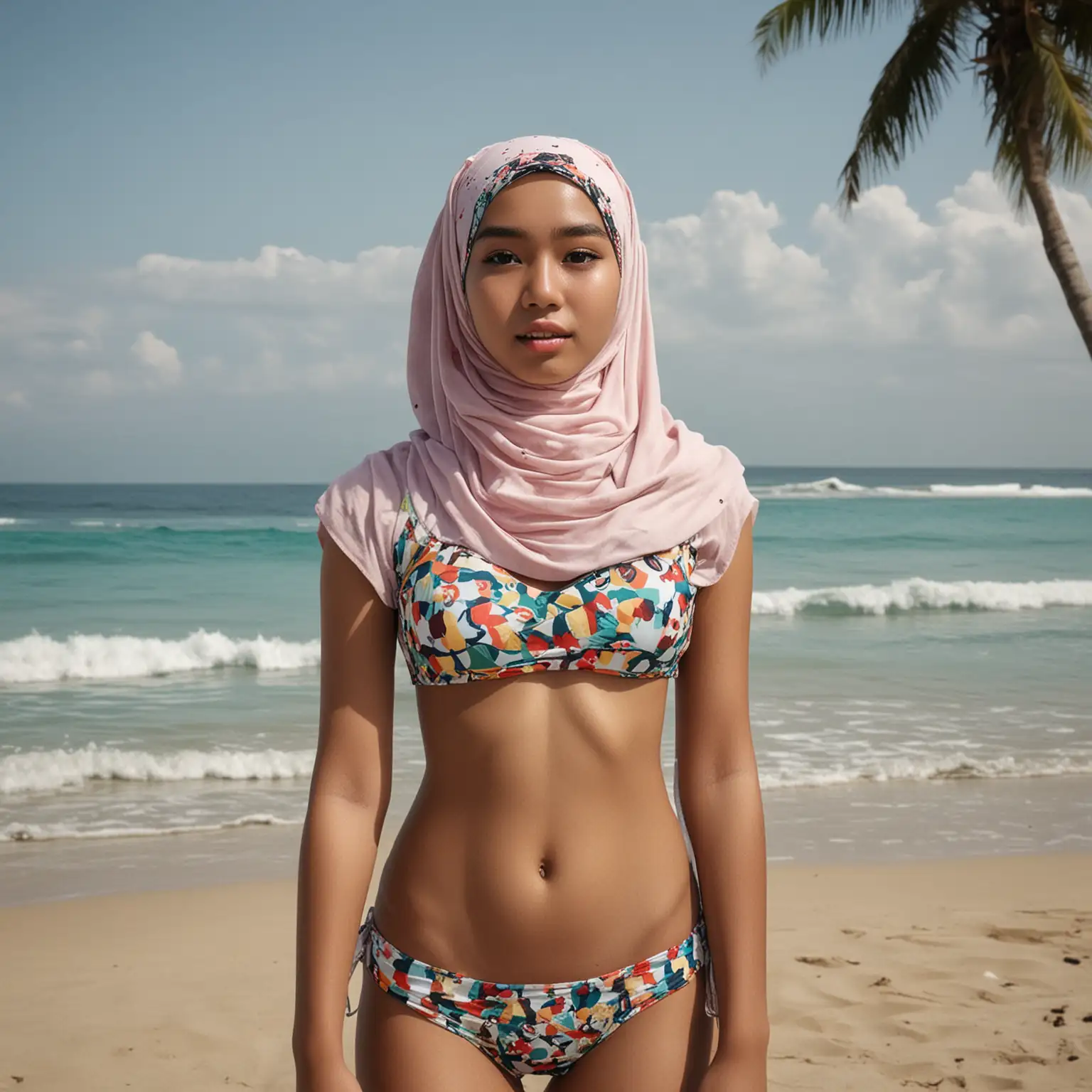 Indonesian-Girl-in-Hijab-on-the-Beach-in-HyperRealistic-Style