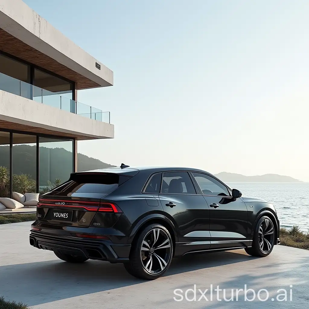 I want an Audi RSQ8 licensed 'YOUNES' the Rsq8 should be parked in front of a big villa by the beach