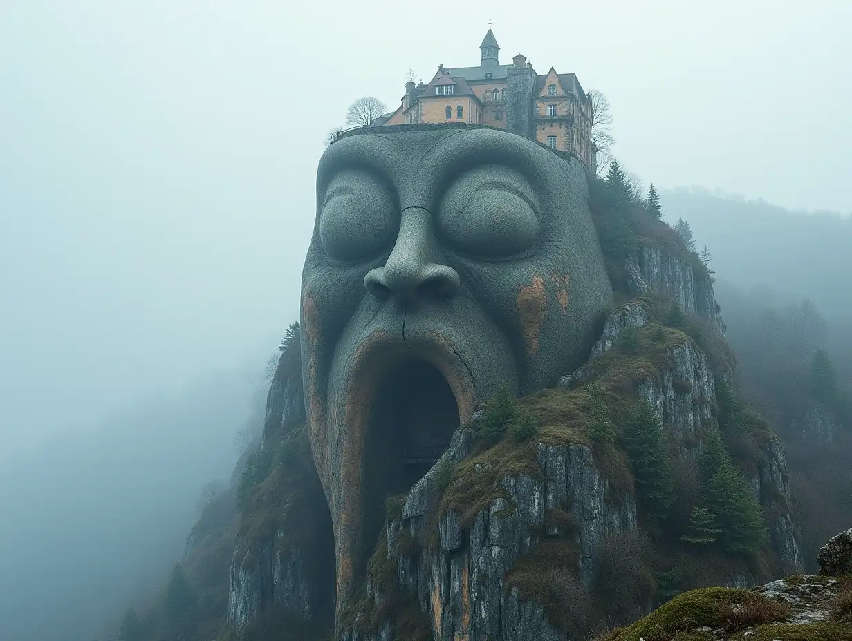 Face transformed into a building on a high mountain