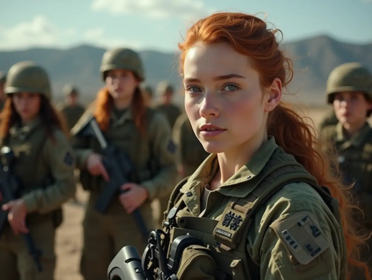 A daring and captivating 18-year-old redheaded female military leader at the forefront of a group of equally determined and fit Navy Seals, all females, in a secluded area of a bustling military camp...