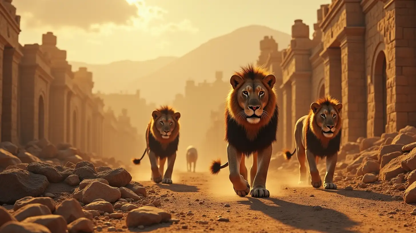 Majestic Lions Roaming a Ruined Biblical Era City