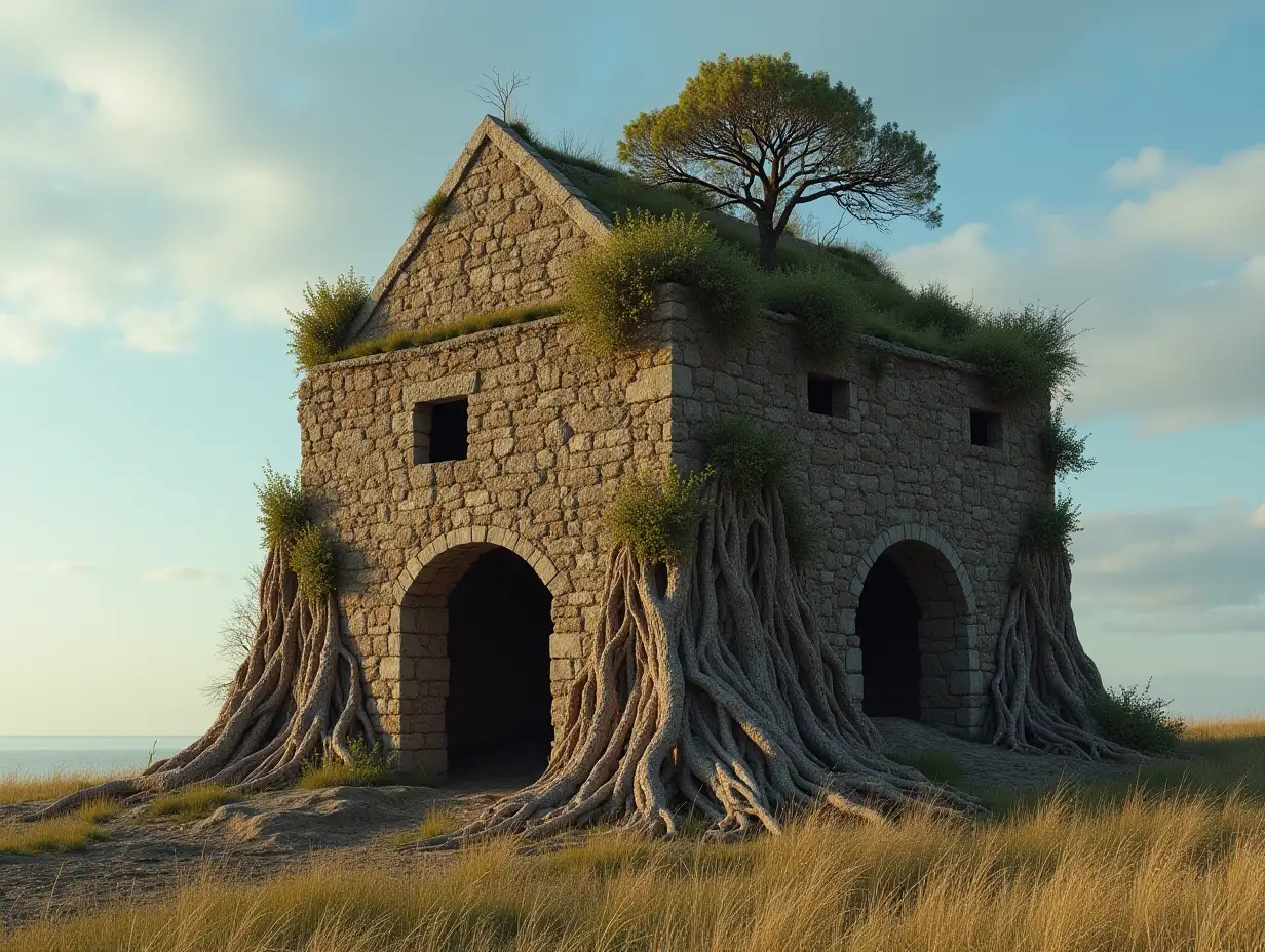 Face transformed into building with roots