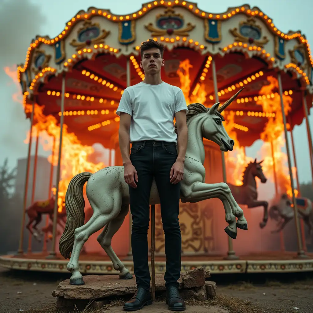 A full-body photograph of a young male model wears a white t-shirt and dark black skinny jeans On their feet are black leather loafers.  he is in an abandoned clown themed amusement park standing on  a broken destroyed sculpture of a woman riding a unicorn.smoking a cigarette in the foreground. The Carousel is on fire as the flames rage behind and around him. he has a neutral expression with a direct gaze towards the camera.  The overall mood is epic and dramatic. very surreal with the strange decaying amusement park elements in the back ground.  William Eggleston Style wide angle photograph