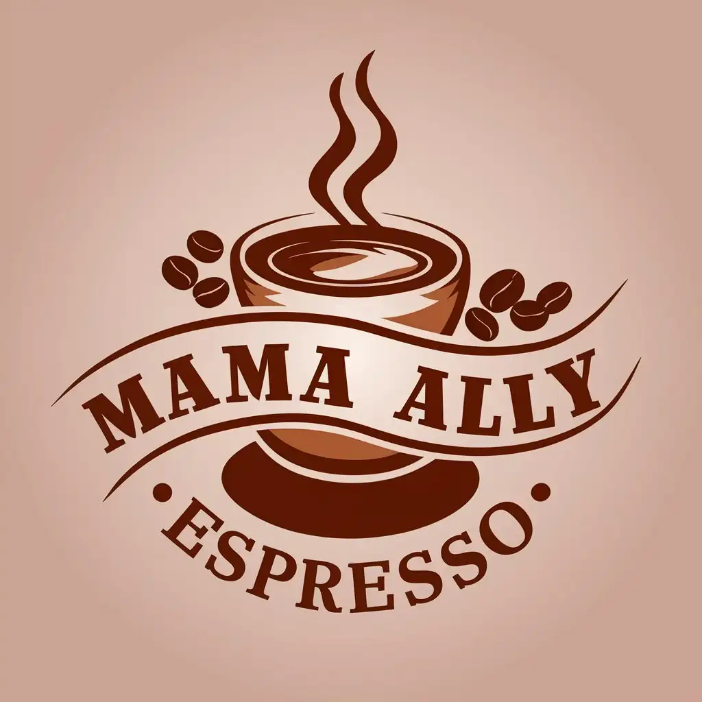 LOGO Design for Mama Ally Espresso Vector Coffee Cup and Beans with Wrap Text