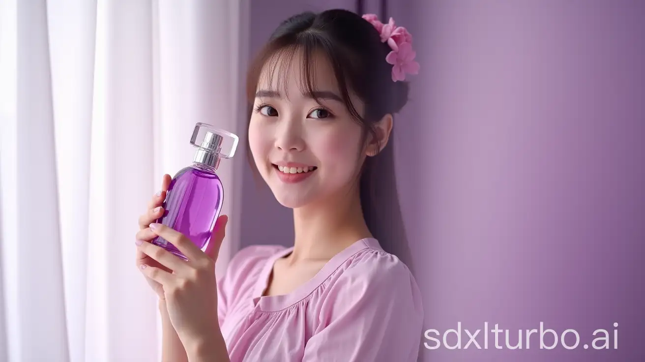 Asian-Girl-Showcasing-Purple-Perfume-Bottle-in-Brightly-Lit-Setting