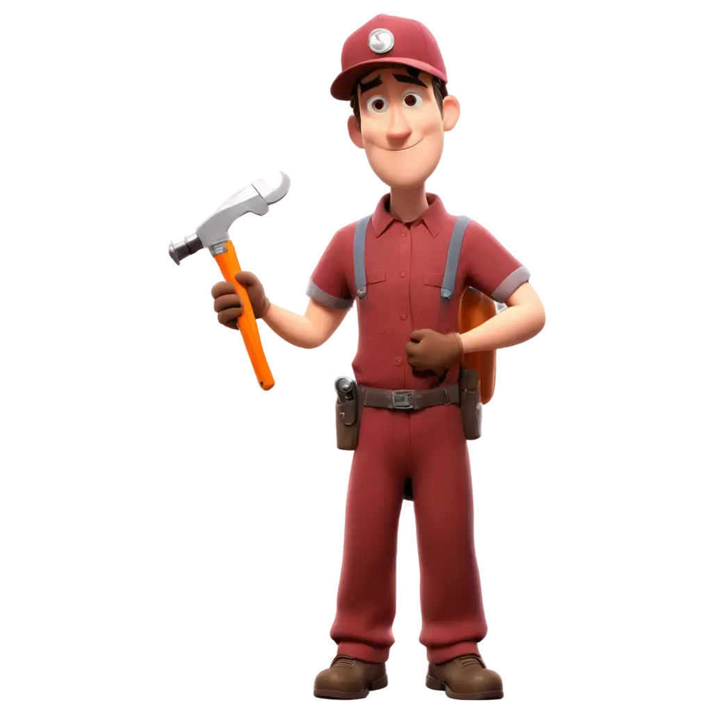 a Pixar like mechanic with garage tools and wearing a maroon color uniform