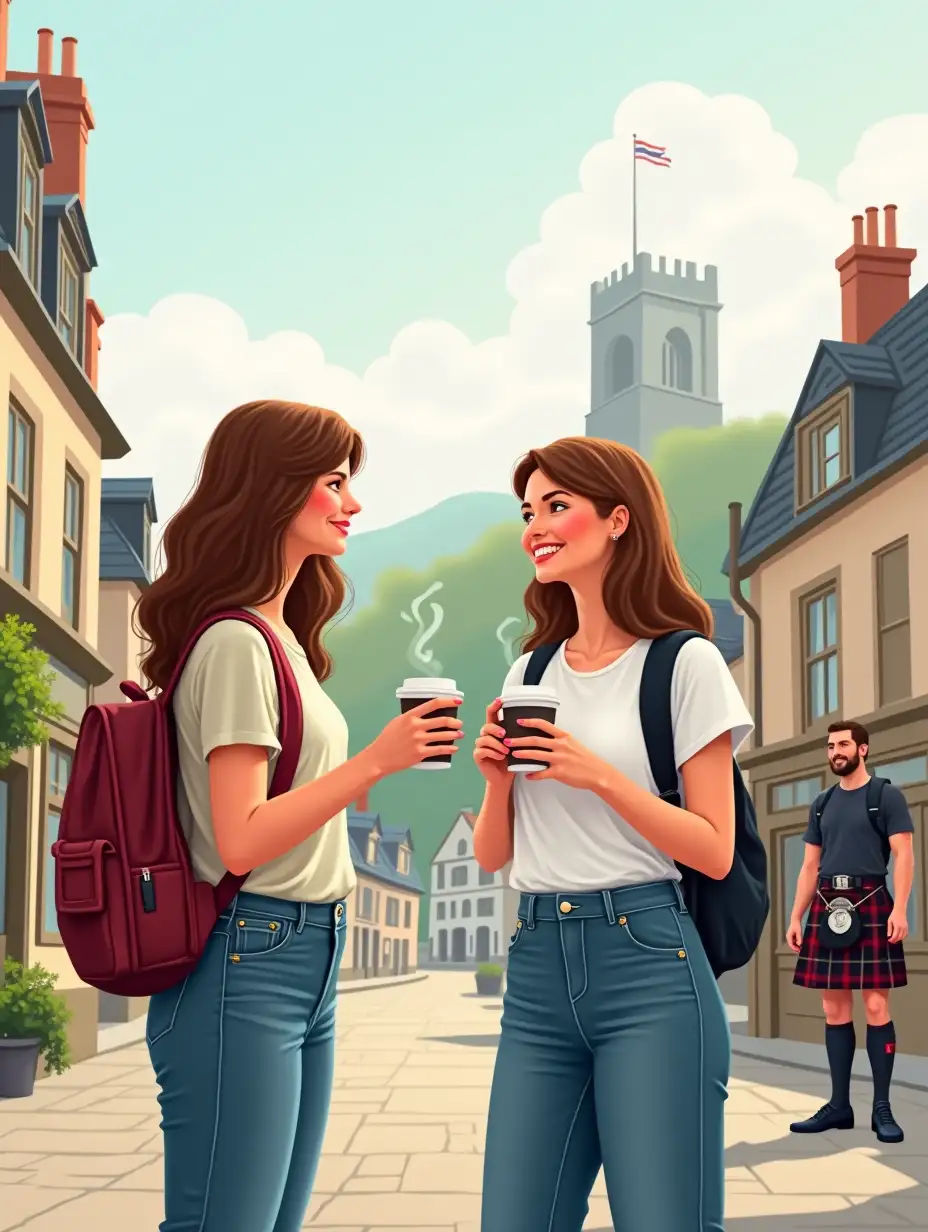 A light vector illustration of two tourist girls dressed in jeans and a T-shirt looking at each other, one of them holding a cup of coffee against the backdrop of a picturesque Scottish town, in the background behind stands a Scottish guy dressed in a kilt