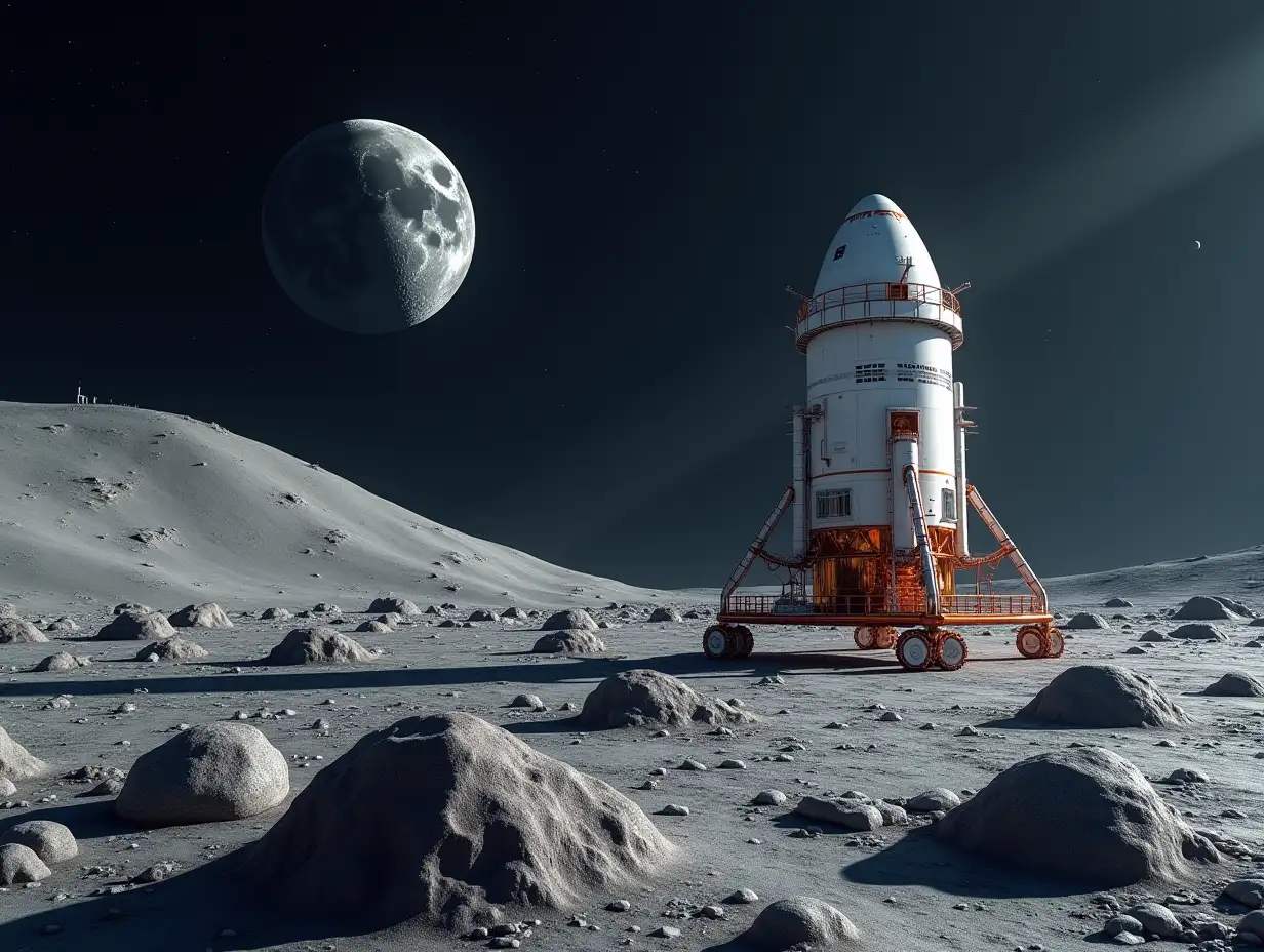 toekomstbeeld, photo of closeup SpaceX starship on the moon with residential, infrastructure, society