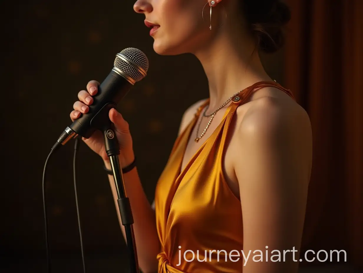 Girl-in-Gold-Satin-Evening-Dress-Singing-with-Vintage-Microphone-on-Stage