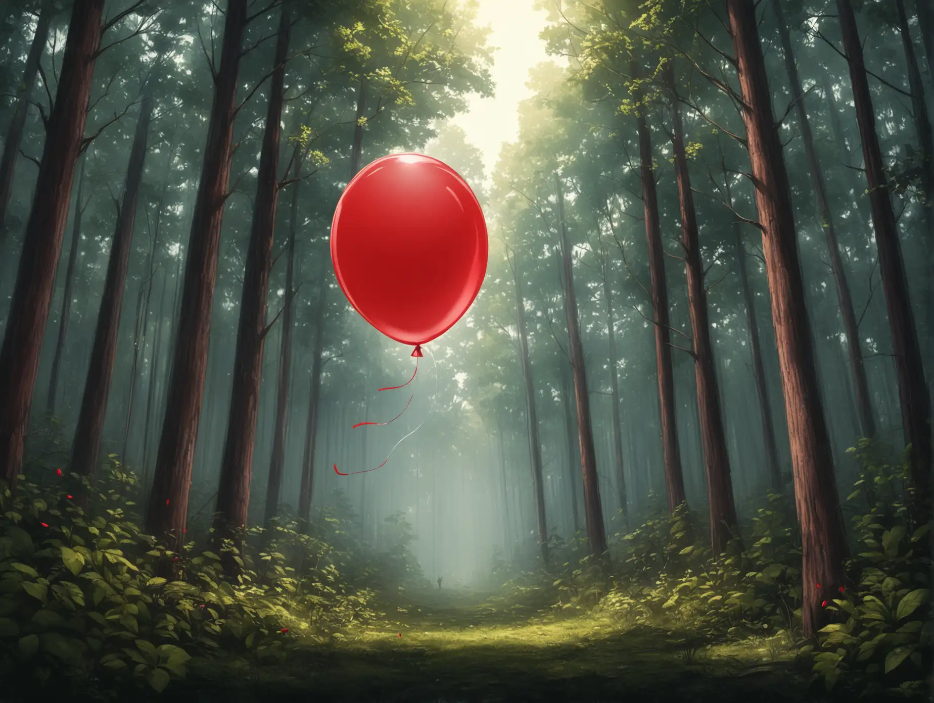 Red Balloon Floating Amidst Enchanting Forest Landscape