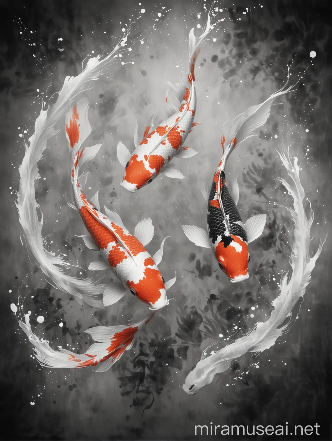 Two Koi Fish Swimming in Air Ink Wash Style