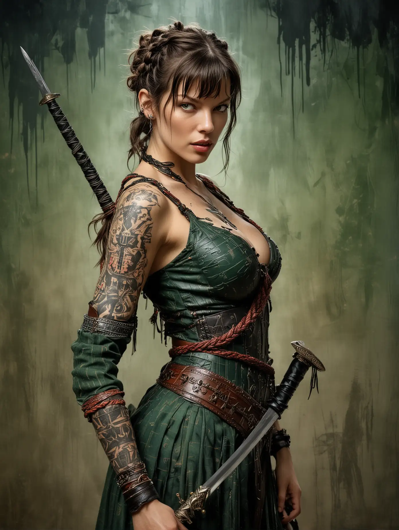 Create an image of a beautiful Mila Jovovich with amazing cleavage and braided hair is cosplaying as scottish warrior with detailed facial features, standing against an abstract painted background with brush strokes and eropean kingdom characters. She is dressed in a traditional garment with green and black hues, a long sword on her back, and her shoulder adorned with intricate symbol tattoos.