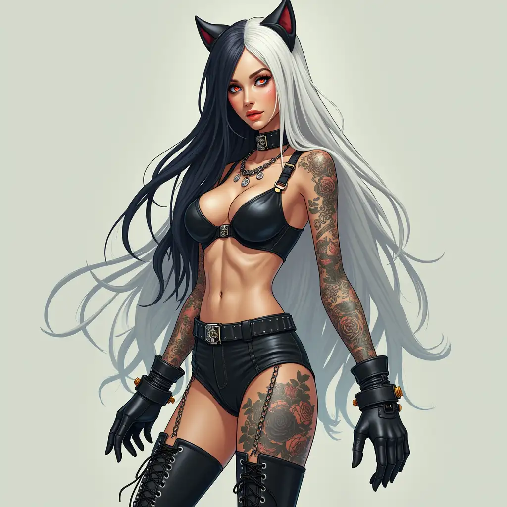 Depiction of a beautiful white woman with tattoos and long mixed white-black hair in a futuristic style and laced boots