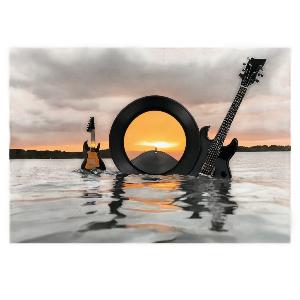 Enhanced-PNG-Image-Vinyl-Record-Emerging-from-Water-with-Guitars-and-Sunset-Backdrop