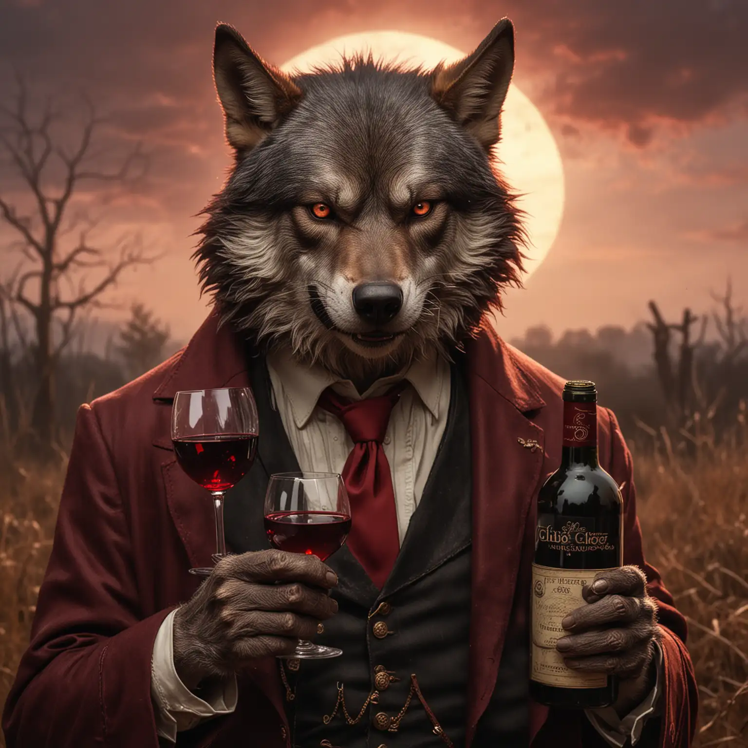 A hyper-detailled fantasy-stile portrait of a (bad tempered, evil looking) wolf holding a glass of red wine, smoking a fat cigar), standing next to a redwine-bottle labeled "Club 30" (in the evening light in the savanna)