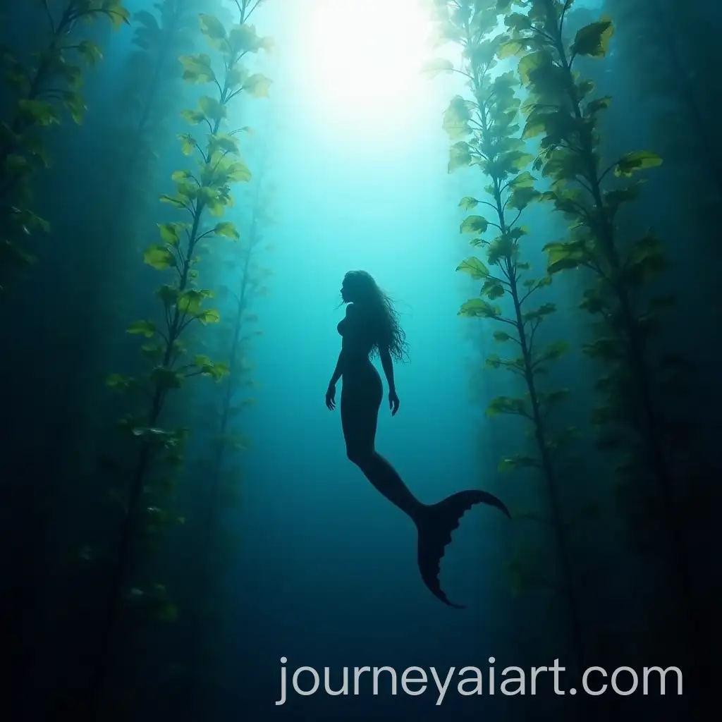 Mermaid-Swimming-Through-Sunlit-Kelp-Forest-Beneath-the-Ocean-Surface